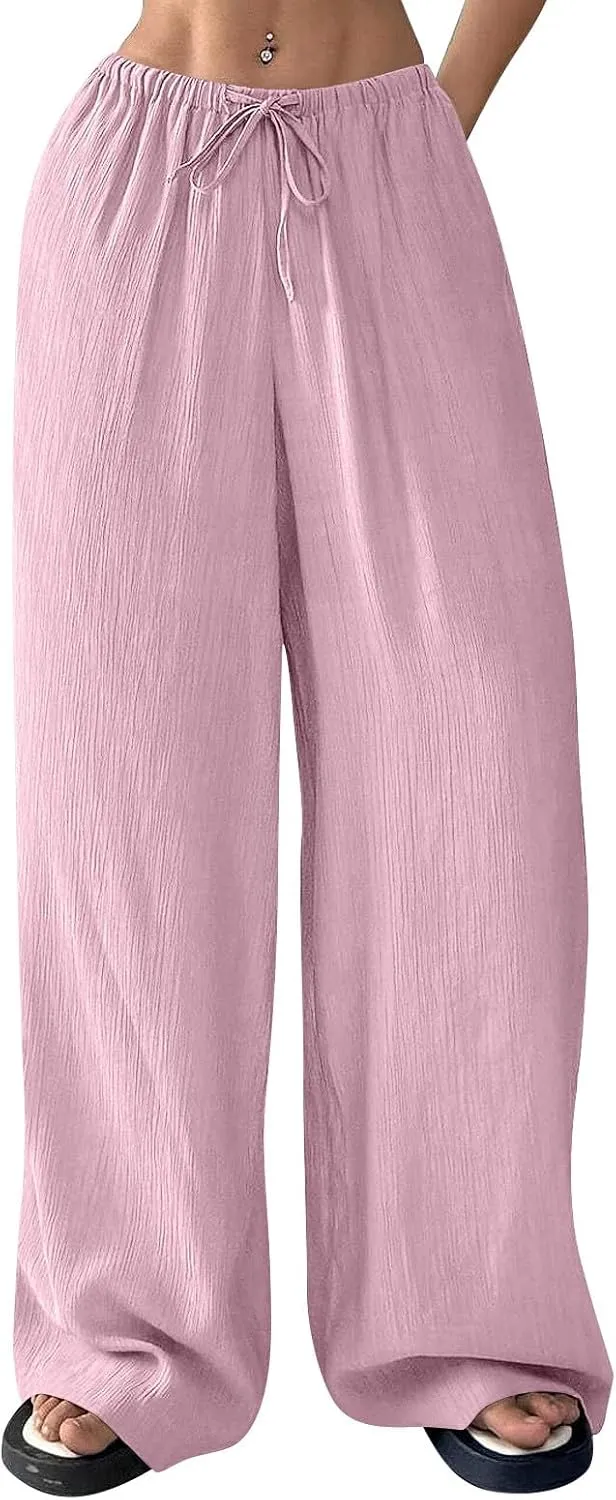 Cruise Pants for Women 2025 Vacation Outfits Drawstring Flowy Casual Pants with Pockets Wide Leg Lightweight Beach Sweatpants
