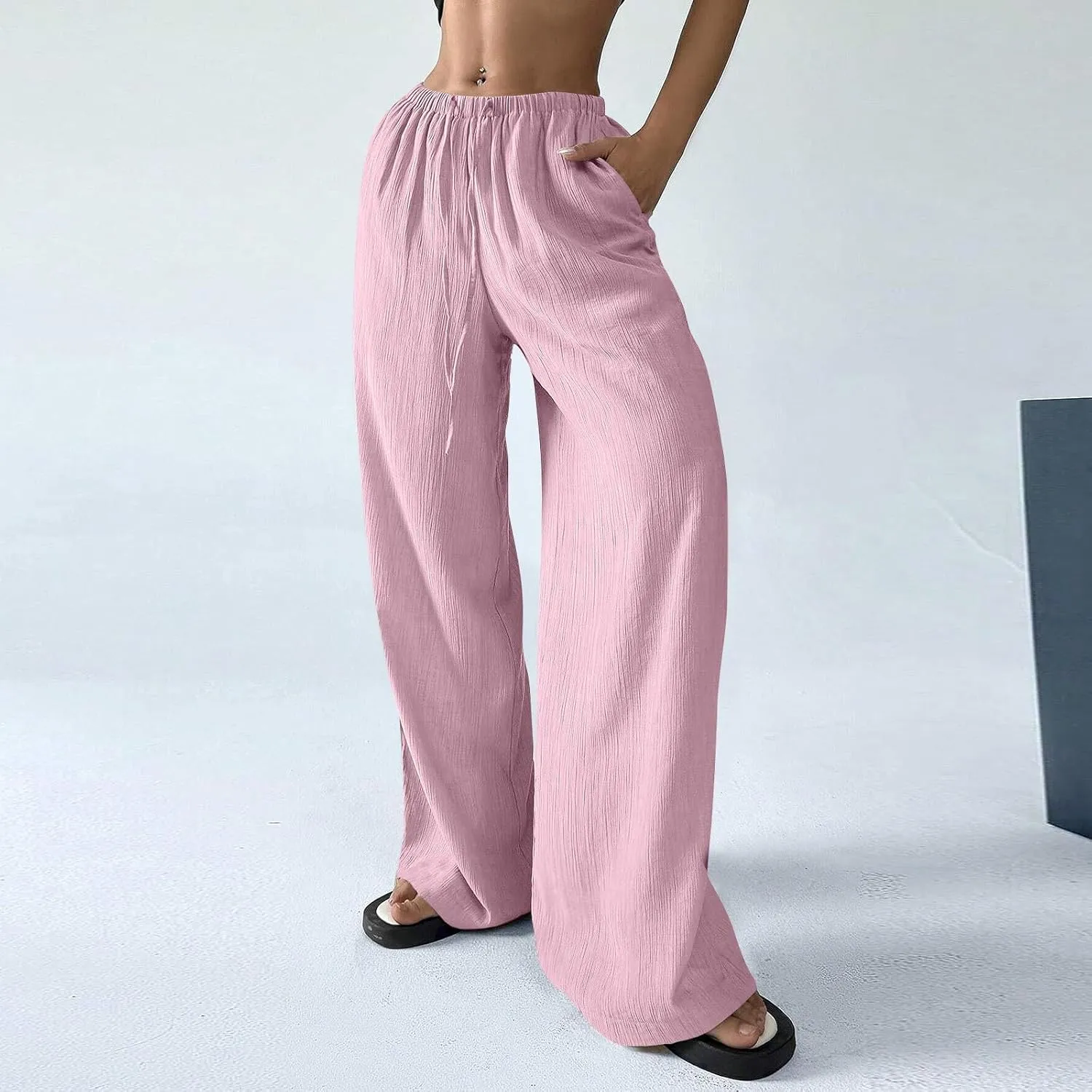 Cruise Pants for Women 2025 Vacation Outfits Drawstring Flowy Casual Pants with Pockets Wide Leg Lightweight Beach Sweatpants