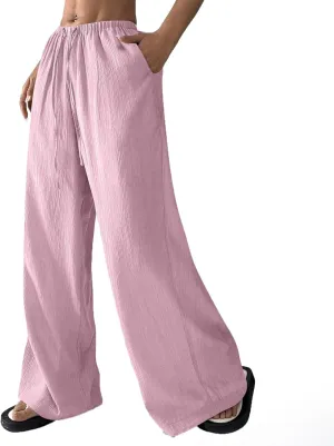 Cruise Pants for Women 2025 Vacation Outfits Drawstring Flowy Casual Pants with Pockets Wide Leg Lightweight Beach Sweatpants