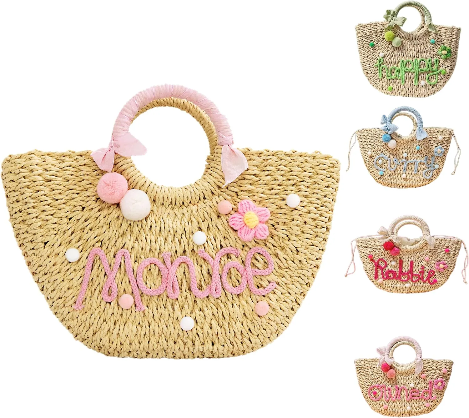 Customizable Personalized Summer Women's Straw Woven Top Handle Beach Tote Handbag Clutch