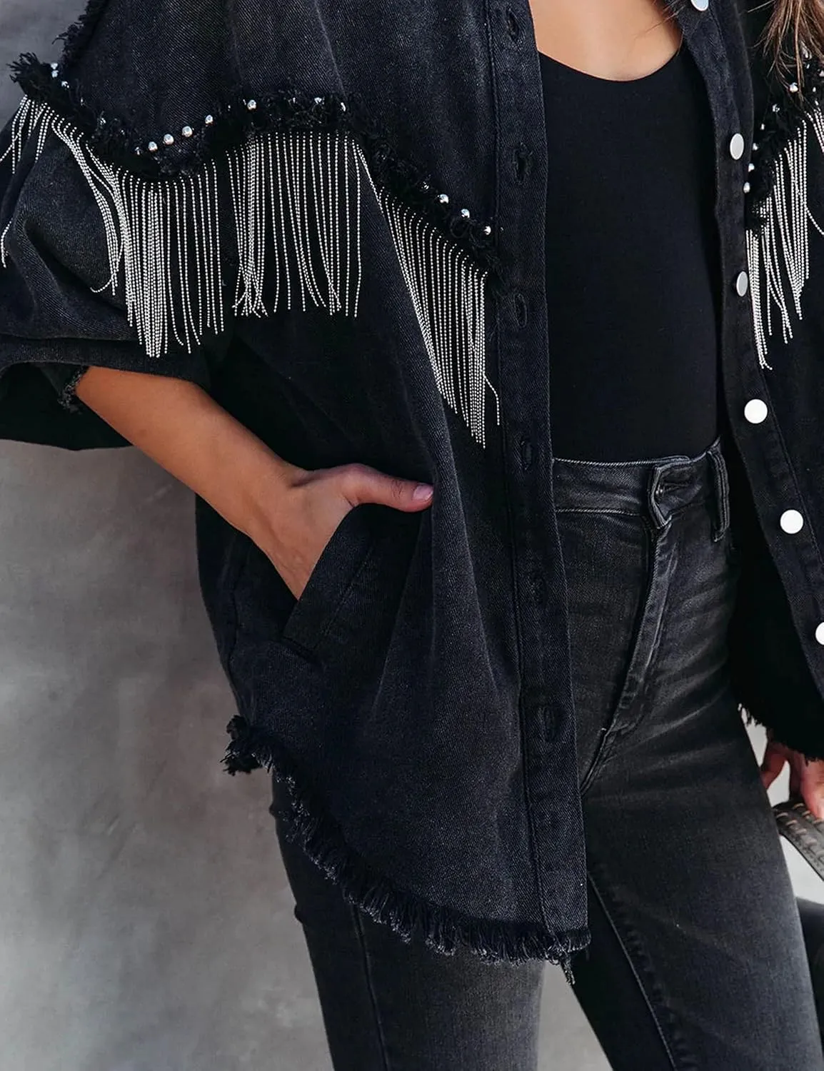 Daacee Oversized Fringe Denim Jacket for Women Frayed Sparkly Tassel Jean Shacket Cowgirl Western Country Concert Outfits