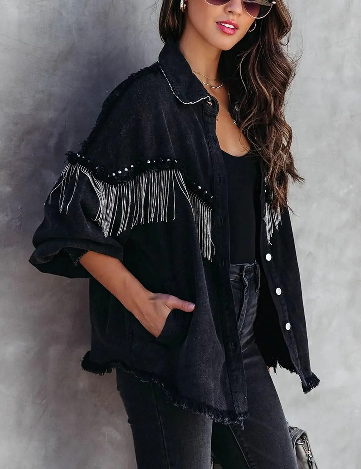 Daacee Oversized Fringe Denim Jacket for Women Frayed Sparkly Tassel Jean Shacket Cowgirl Western Country Concert Outfits