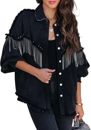 Daacee Oversized Fringe Denim Jacket for Women Frayed Sparkly Tassel Jean Shacket Cowgirl Western Country Concert Outfits