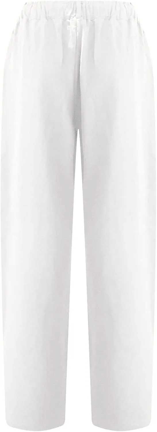 DASAYO Women Button Cotton Linen Capris Trousers Casual Beach Crop Straight Capri Pant Elastic Waist Summer Cropped Pants