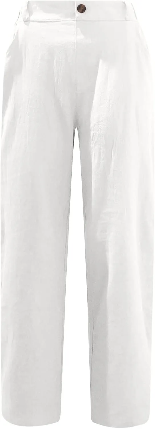 DASAYO Women Button Cotton Linen Capris Trousers Casual Beach Crop Straight Capri Pant Elastic Waist Summer Cropped Pants
