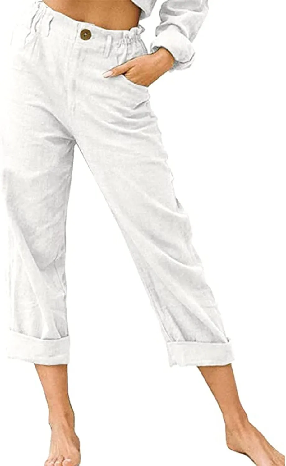 DASAYO Women Button Cotton Linen Capris Trousers Casual Beach Crop Straight Capri Pant Elastic Waist Summer Cropped Pants