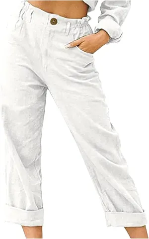 DASAYO Women Button Cotton Linen Capris Trousers Casual Beach Crop Straight Capri Pant Elastic Waist Summer Cropped Pants