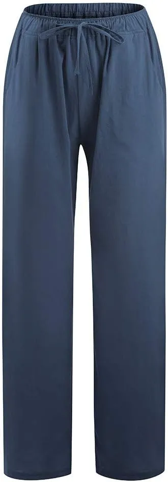 DASAYO Women Loose Fit Long Wide Leg Pants Elastic Waist Drawstring Beach Summer Slacks Cotton Solid Linen Palazzo Trousers