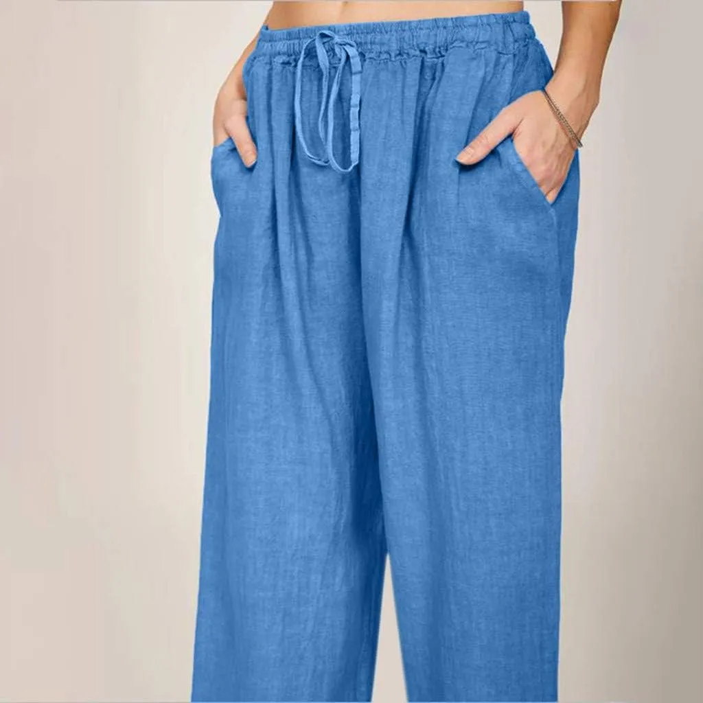 DASAYO Women Loose Fit Long Wide Leg Pants Elastic Waist Drawstring Beach Summer Slacks Cotton Solid Linen Palazzo Trousers
