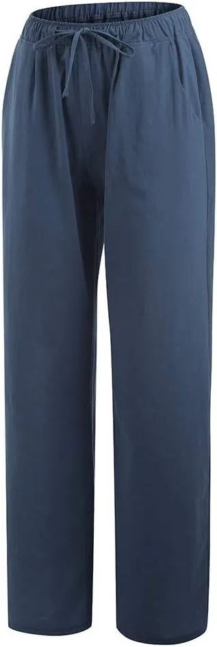 DASAYO Women Loose Fit Long Wide Leg Pants Elastic Waist Drawstring Beach Summer Slacks Cotton Solid Linen Palazzo Trousers