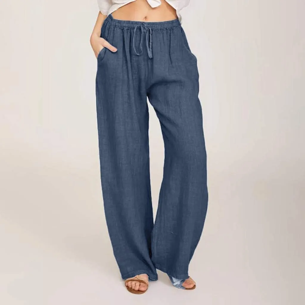 DASAYO Women Loose Fit Long Wide Leg Pants Elastic Waist Drawstring Beach Summer Slacks Cotton Solid Linen Palazzo Trousers