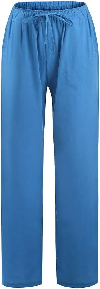 DASAYO Women Loose Fit Long Wide Leg Pants Elastic Waist Drawstring Beach Summer Slacks Cotton Solid Linen Palazzo Trousers