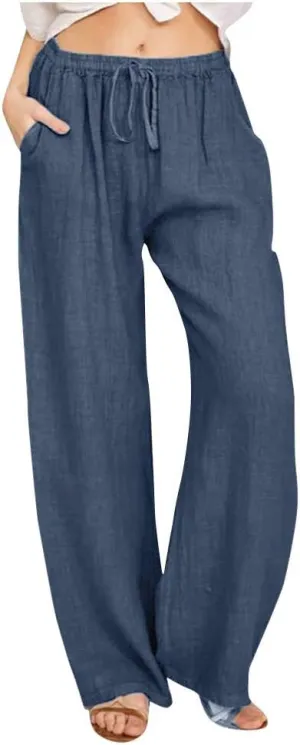 DASAYO Women Loose Fit Long Wide Leg Pants Elastic Waist Drawstring Beach Summer Slacks Cotton Solid Linen Palazzo Trousers