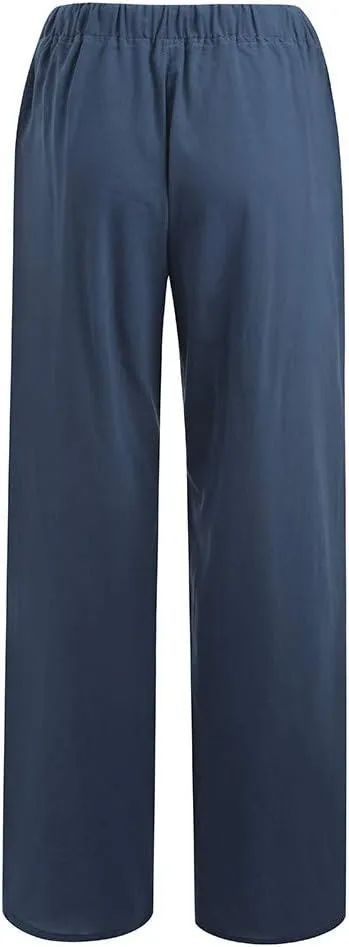 DASAYO Women Loose Fit Long Wide Leg Pants Elastic Waist Drawstring Beach Summer Slacks Cotton Solid Linen Palazzo Trousers