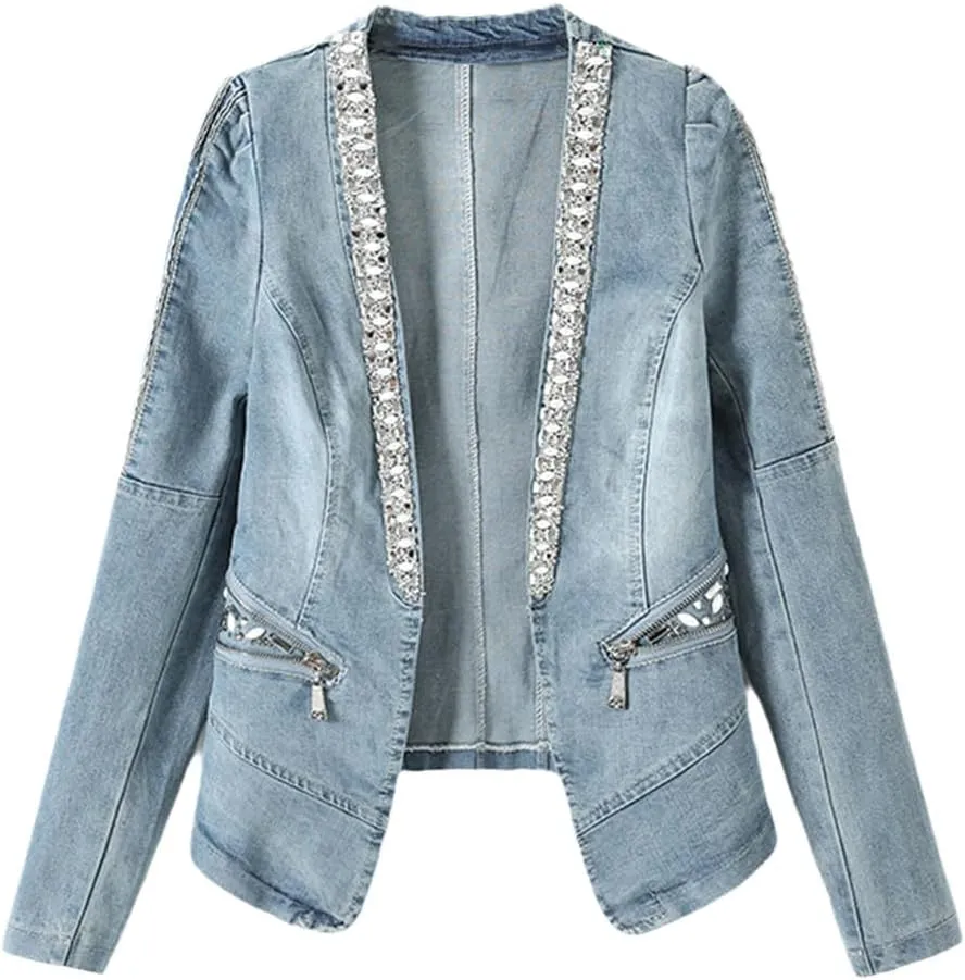 Denim Jacket Women Motorcycle Jean Jacket Fashion Diamonds Streetwear Female Slim Spring Autumn Coat