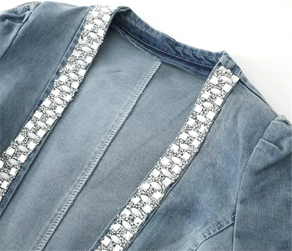 Denim Jacket Women Motorcycle Jean Jacket Fashion Diamonds Streetwear Female Slim Spring Autumn Coat