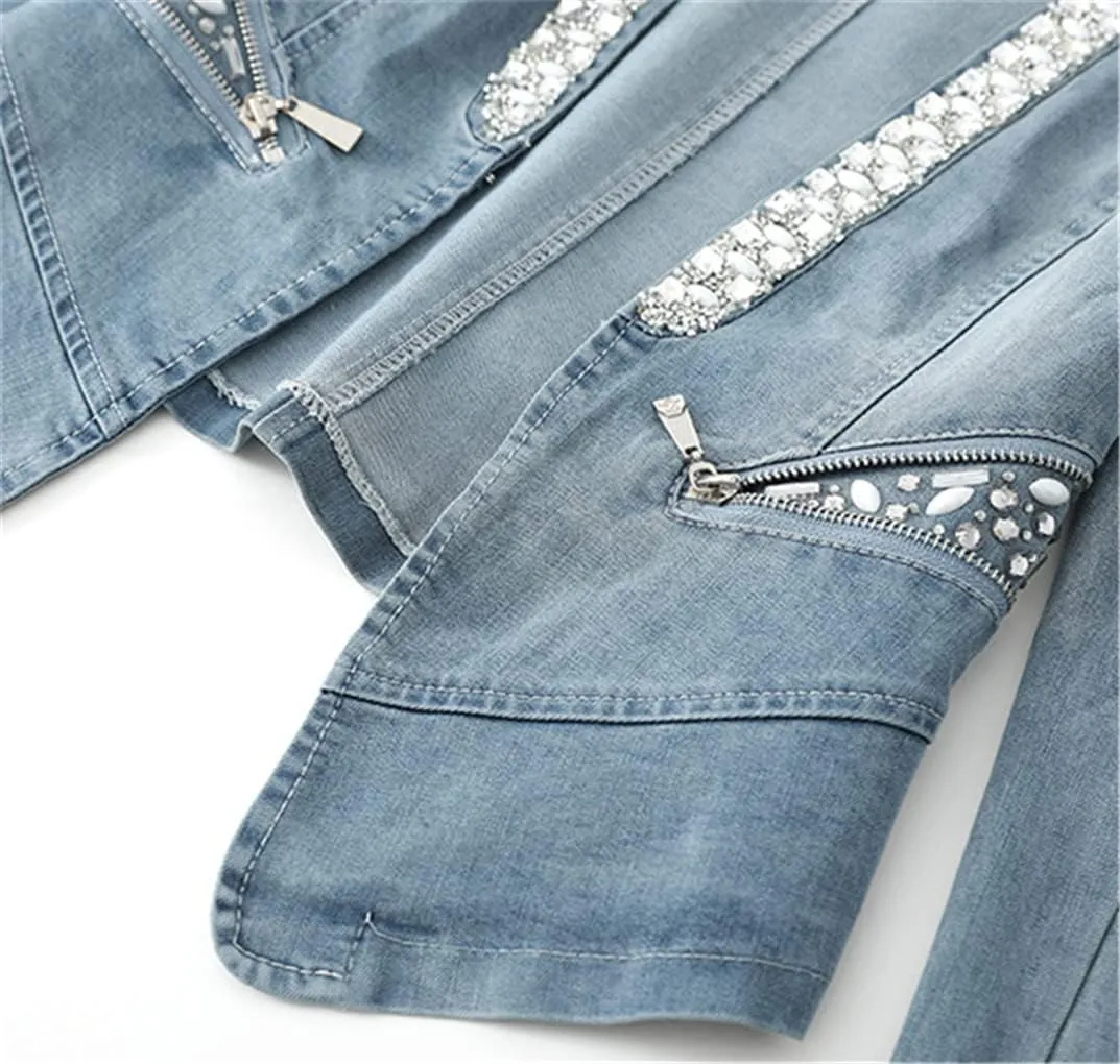 Denim Jacket Women Motorcycle Jean Jacket Fashion Diamonds Streetwear Female Slim Spring Autumn Coat