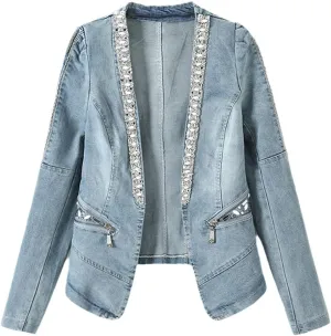 Denim Jacket Women Motorcycle Jean Jacket Fashion Diamonds Streetwear Female Slim Spring Autumn Coat