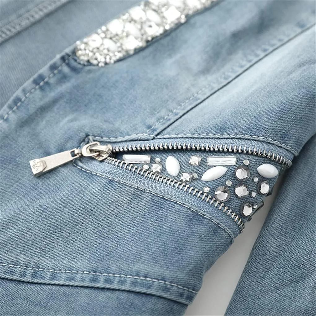Denim Jacket Women Motorcycle Jean Jacket Fashion Diamonds Streetwear Female Slim Spring Autumn Coat