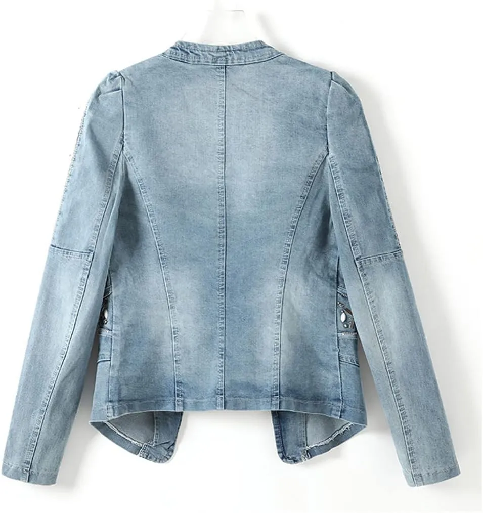 Denim Jacket Women Motorcycle Jean Jacket Fashion Diamonds Streetwear Female Slim Spring Autumn Coat