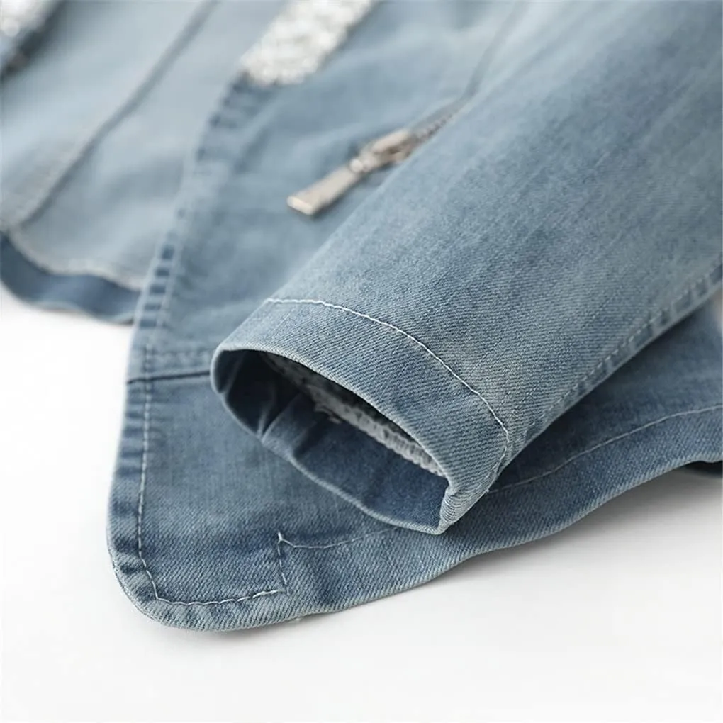 Denim Jacket Women Motorcycle Jean Jacket Fashion Diamonds Streetwear Female Slim Spring Autumn Coat
