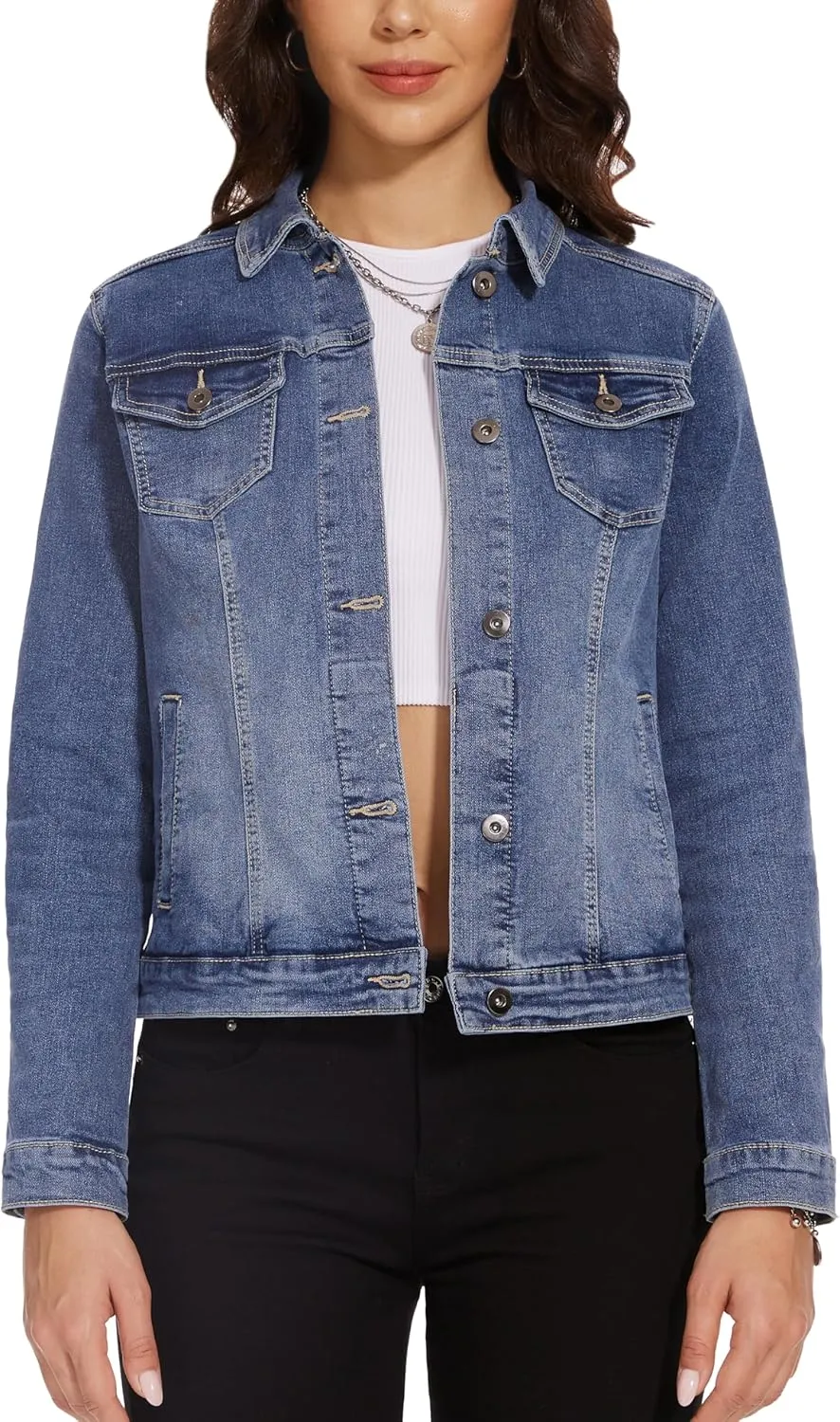Dilgul Women's Casual Long Sleeve Stretch Denim Jacket Boyfriend Button Up Jean Jackets with Pockets