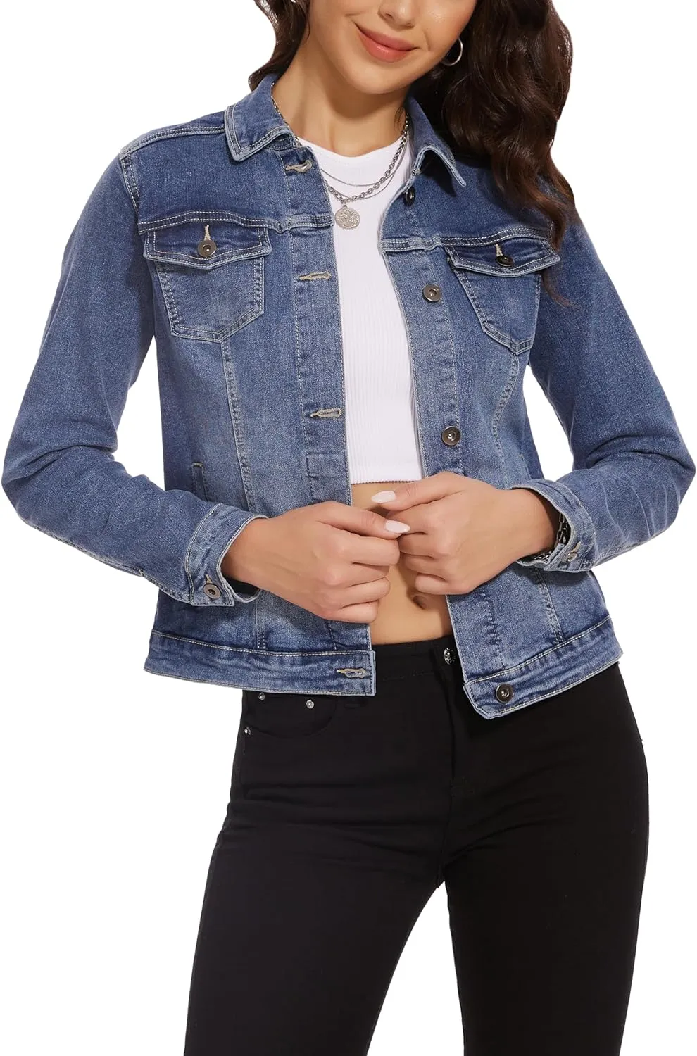 Dilgul Women's Casual Long Sleeve Stretch Denim Jacket Boyfriend Button Up Jean Jackets with Pockets