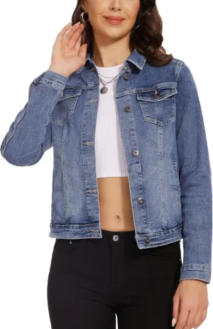 Dilgul Women's Casual Long Sleeve Stretch Denim Jacket Boyfriend Button Up Jean Jackets with Pockets