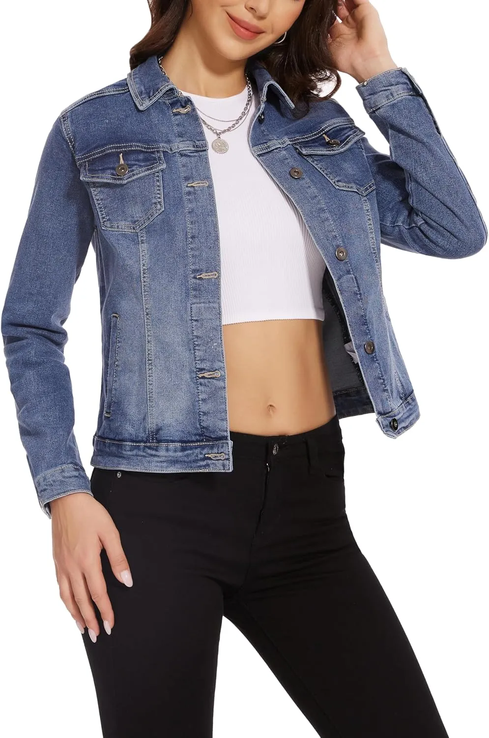 Dilgul Women's Casual Long Sleeve Stretch Denim Jacket Boyfriend Button Up Jean Jackets with Pockets