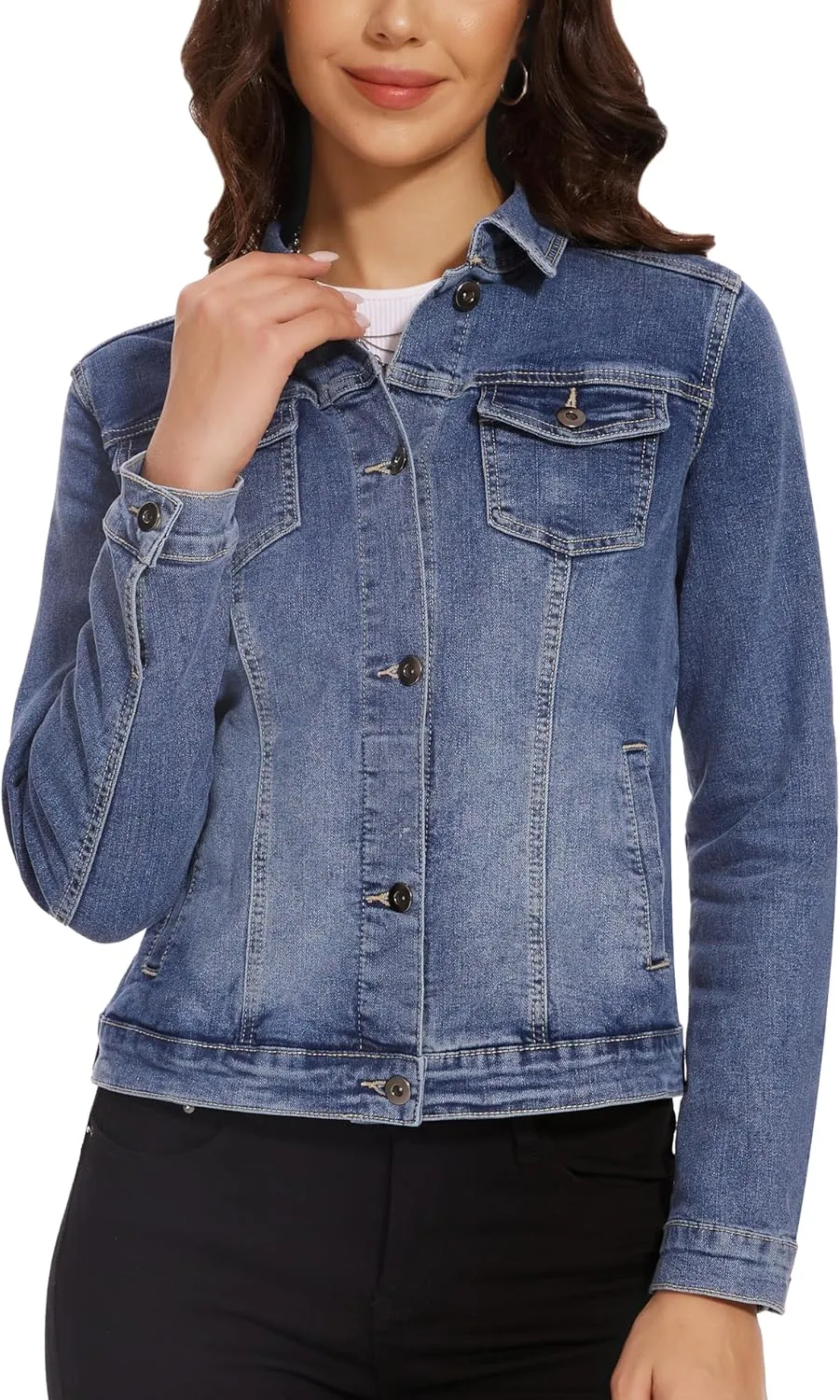 Dilgul Women's Casual Long Sleeve Stretch Denim Jacket Boyfriend Button Up Jean Jackets with Pockets
