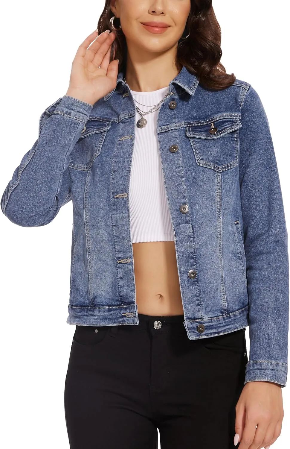 Dilgul Women's Casual Long Sleeve Stretch Denim Jacket Boyfriend Button Up Jean Jackets with Pockets
