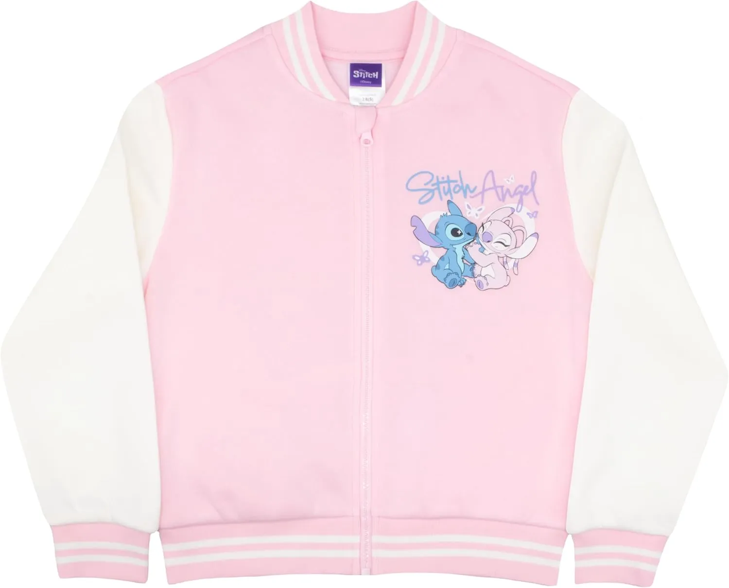 Disney Lilo & Stitch Girl's Zip-Up Varsity Bomber Jacket - Casual Lightweight Coat with Stitch Graphic Print for Kids