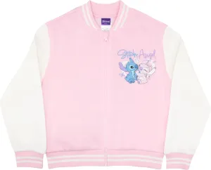 Disney Lilo & Stitch Girl's Zip-Up Varsity Bomber Jacket - Casual Lightweight Coat with Stitch Graphic Print for Kids