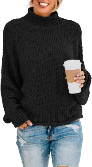 Dokotoo Womens 2024 Winter Fall Solid Turtleneck High Neck Balloon Long Sleeve Sweaters Pullover Outerwear