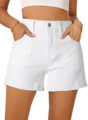 Dokotoo Womens Jean Shorts Stretchy High Waisted 2025 Straight Leg Frayed Raw Hem Casual Denim Shorts with Pockets