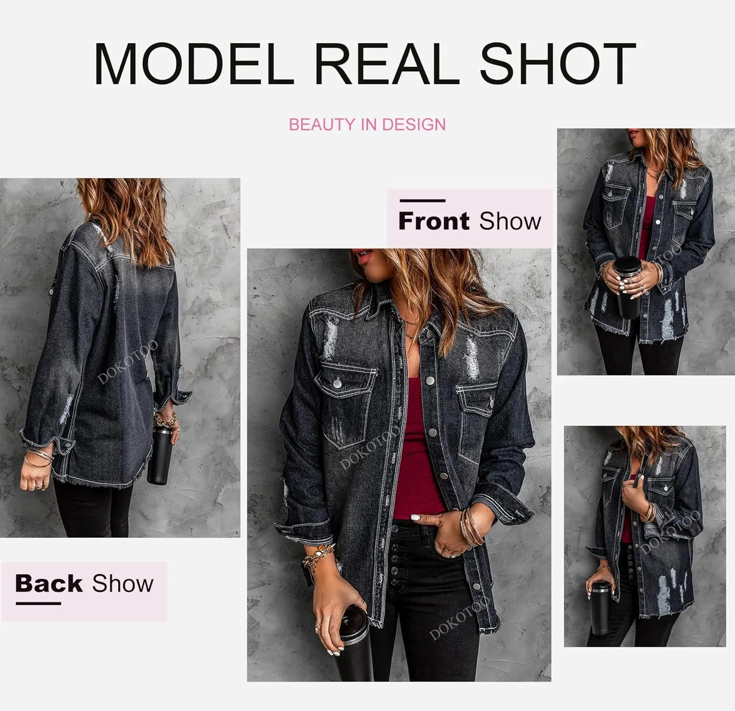 Dokotoo Women's Oversized Denim Jacket Casual Long Sleeve Denim Shirts Distresse Jean Jacket 2025 Spring Outfits