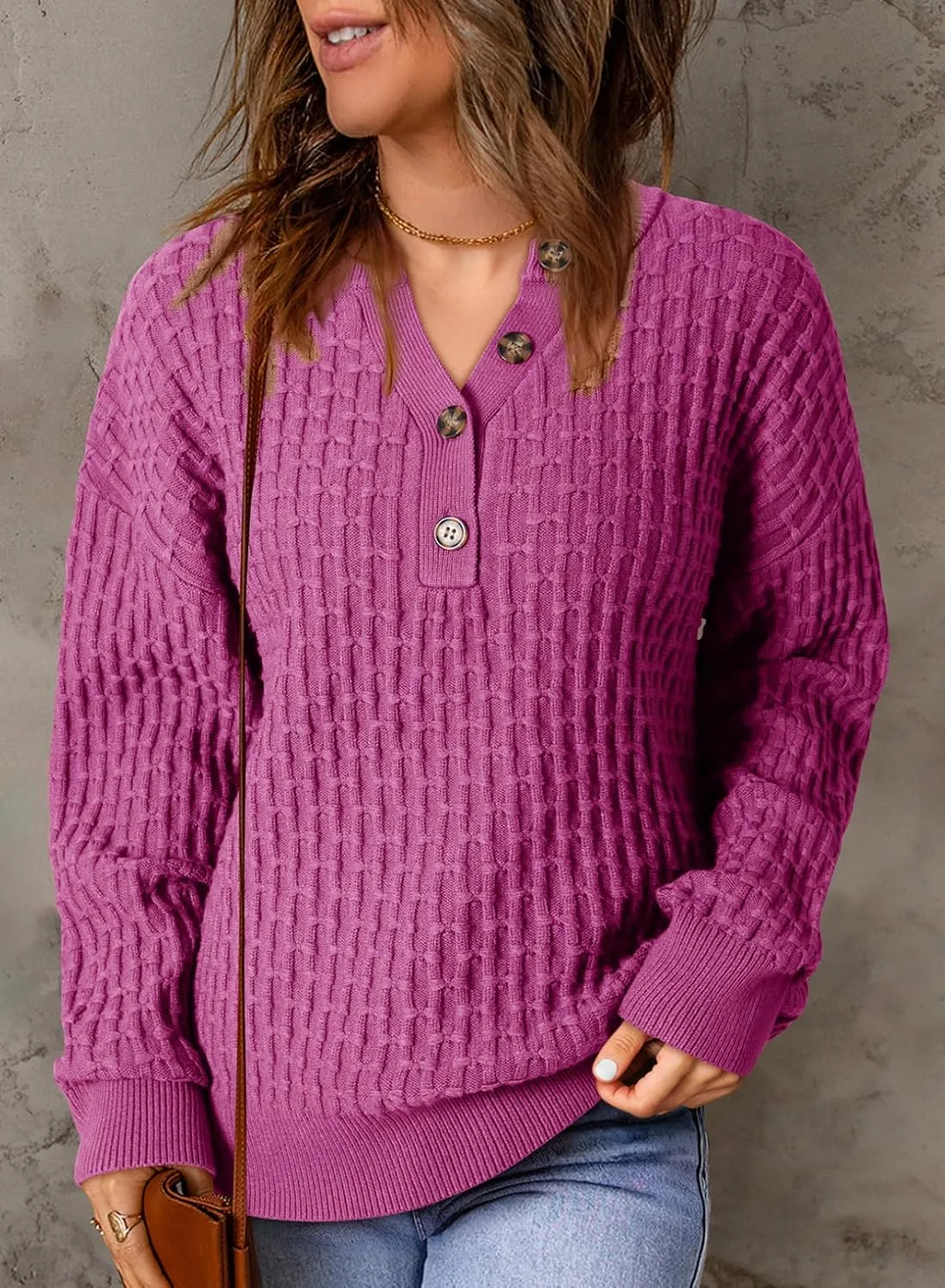 Dokotoo Womens Sweaters 2024 Casual Long Sleeve V Neck Textured Button Fall Sweater Loose Fit Pullover Jumper Tops