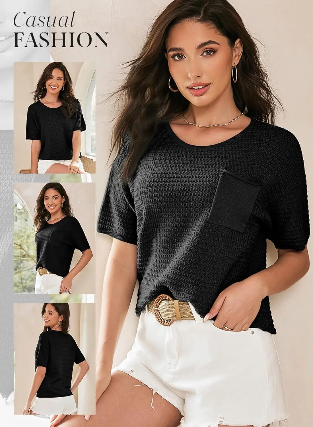 Dokotoo Womens Sweaters Casual Crewneck Short Sleeve Lightweight Knit Trendy Pullover Sweater Tops Spring Summer Outfits