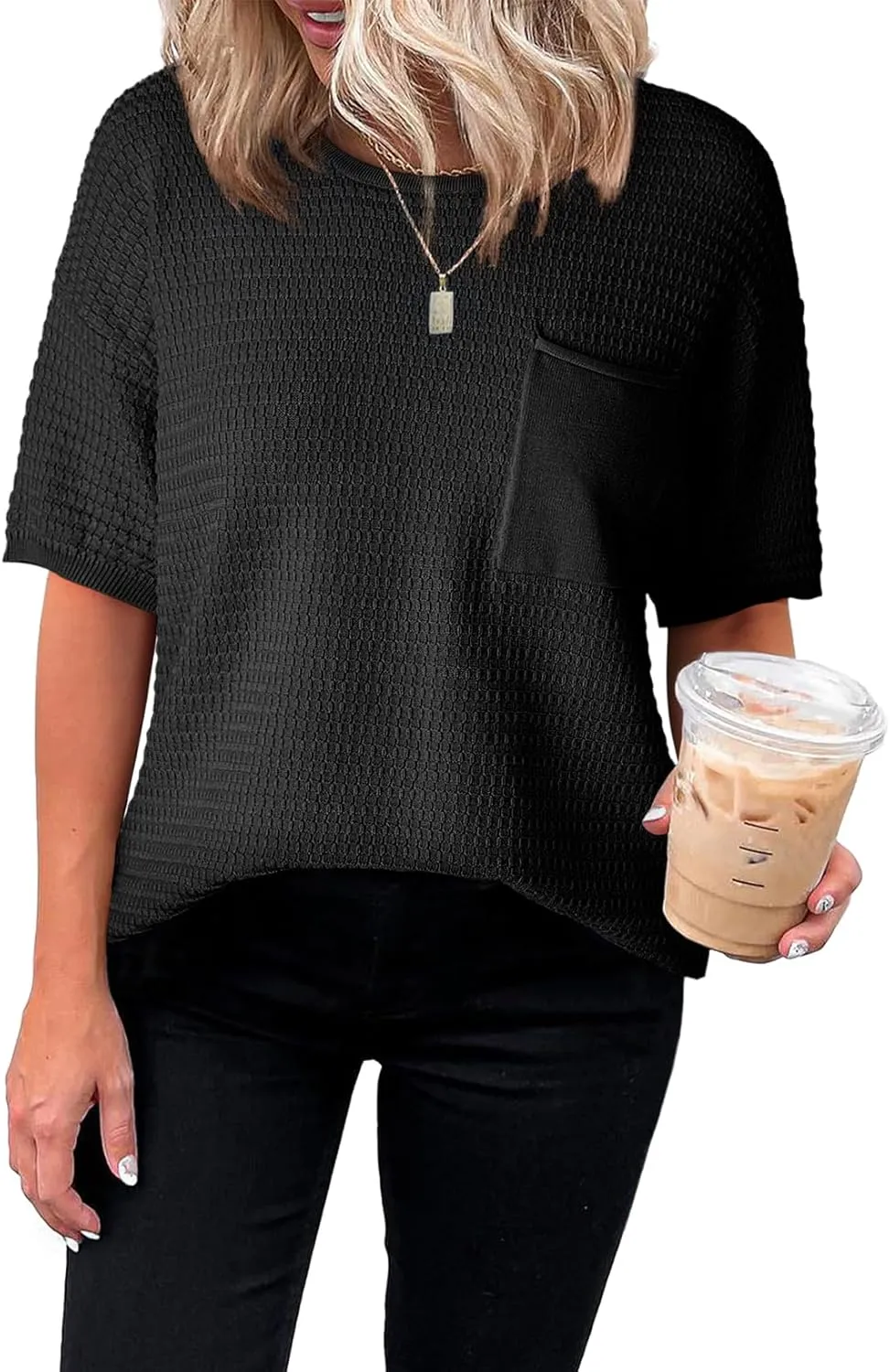 Dokotoo Womens Sweaters Casual Crewneck Short Sleeve Lightweight Knit Trendy Pullover Sweater Tops Spring Summer Outfits