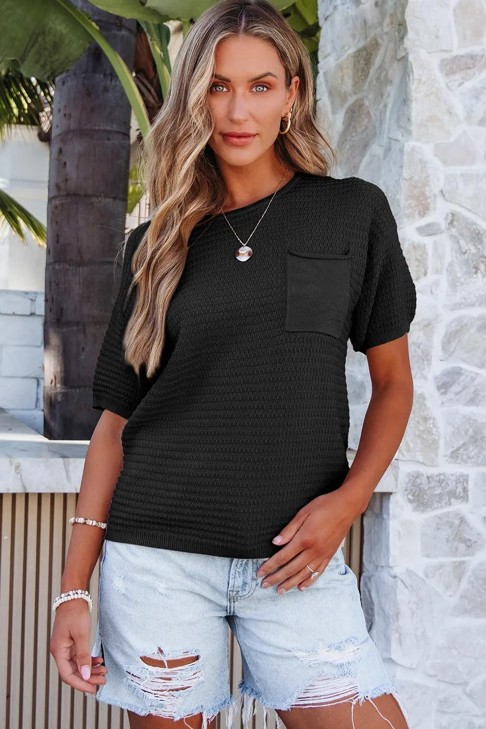 Dokotoo Womens Sweaters Casual Crewneck Short Sleeve Lightweight Knit Trendy Pullover Sweater Tops Spring Summer Outfits