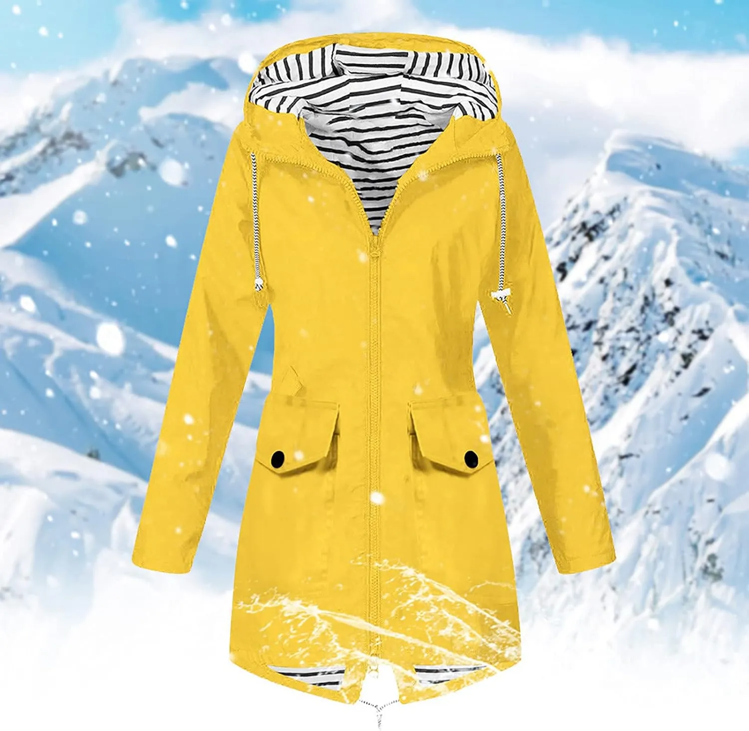 DOLKFU Women Zip Up Raincoats Windbreaker Outwear Long Sleeve Warm Winter Trench Rain Jacket Hooded Outdoor Coat With Pocket