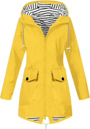 DOLKFU Women Zip Up Raincoats Windbreaker Outwear Long Sleeve Warm Winter Trench Rain Jacket Hooded Outdoor Coat With Pocket