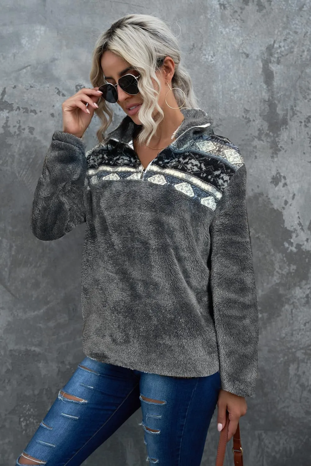 EARKOHA Womens Plus Size Long Sleeve Casual Zip Collar Cow Print Fleece Jacket Tops