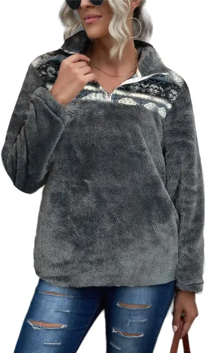 EARKOHA Womens Plus Size Long Sleeve Casual Zip Collar Cow Print Fleece Jacket Tops