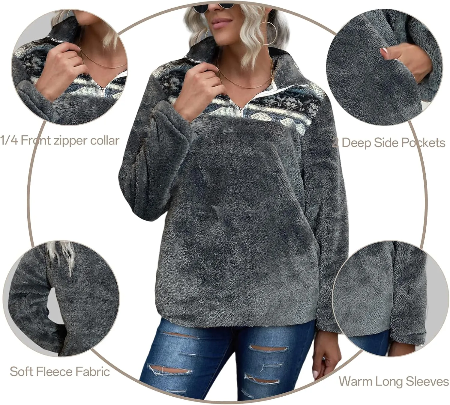 EARKOHA Womens Plus Size Long Sleeve Casual Zip Collar Cow Print Fleece Jacket Tops