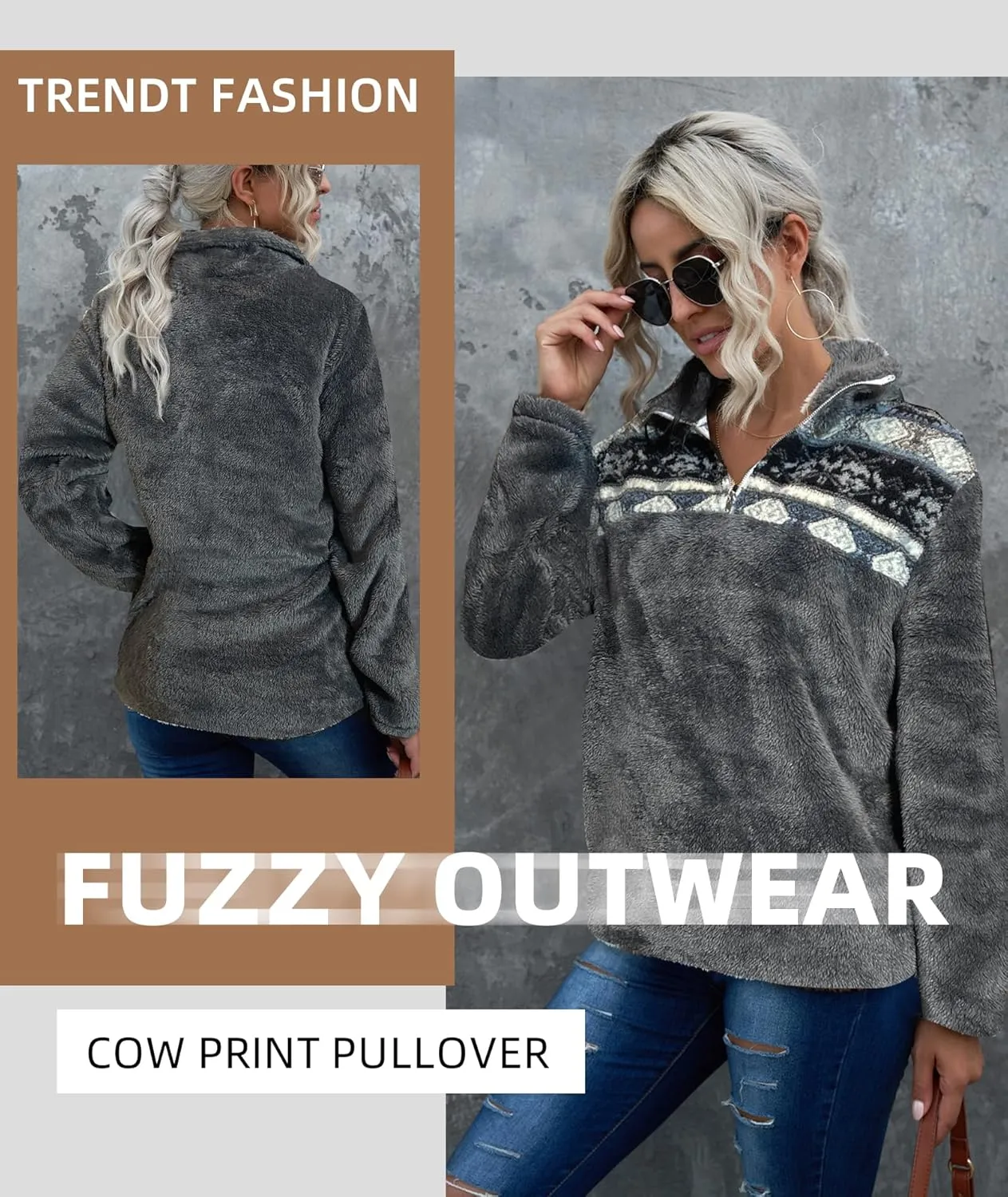 EARKOHA Womens Plus Size Long Sleeve Casual Zip Collar Cow Print Fleece Jacket Tops
