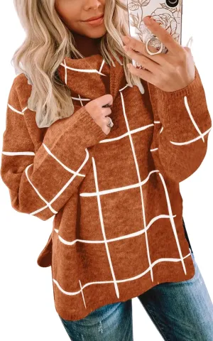 ECOWISH Women Fall Pullover Sweater Turtleneck Plaid Long Sleeve Loose Casual Chunky Checked Knit Winter Sweaters Jumper Tops