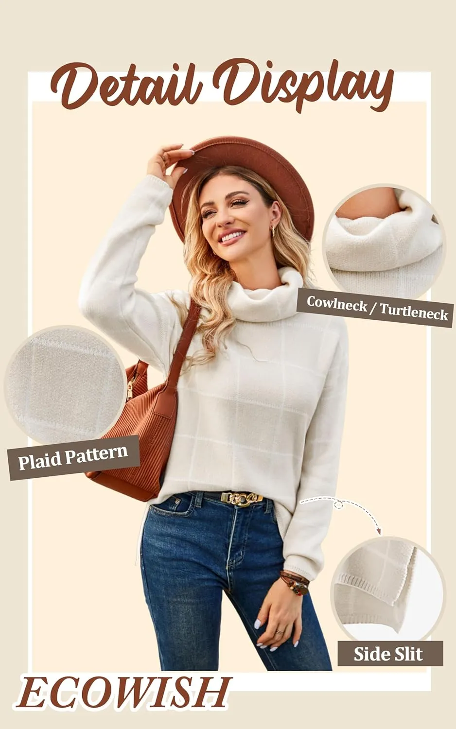 ECOWISH Women Fall Pullover Sweater Turtleneck Plaid Long Sleeve Loose Casual Chunky Checked Knit Winter Sweaters Jumper Tops