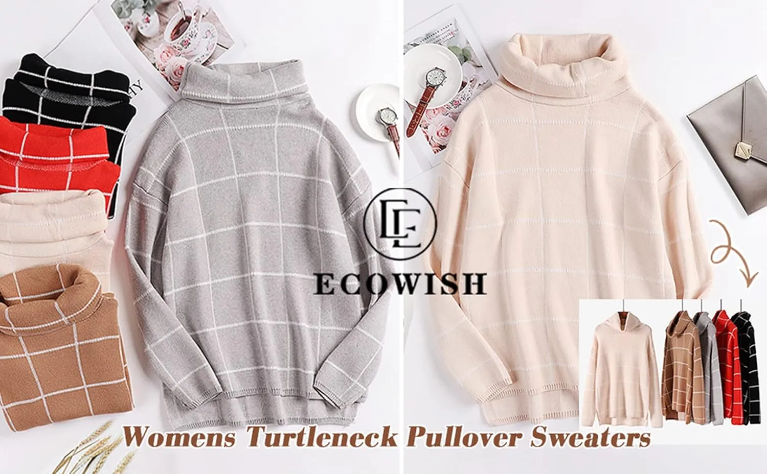 ECOWISH Women Fall Pullover Sweater Turtleneck Plaid Long Sleeve Loose Casual Chunky Checked Knit Winter Sweaters Jumper Tops