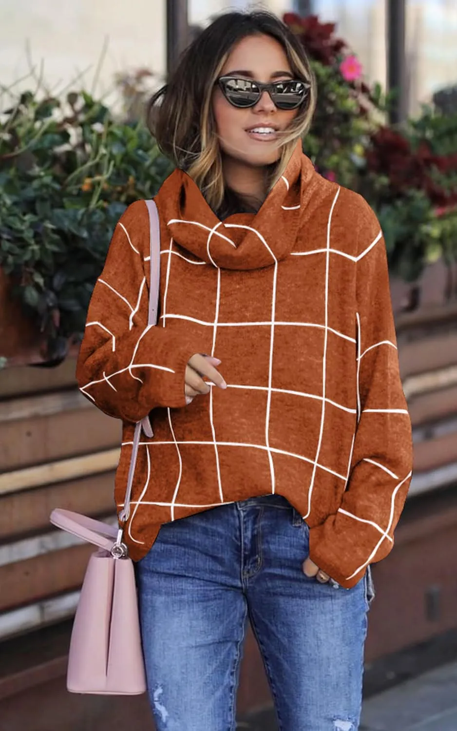 ECOWISH Women Fall Pullover Sweater Turtleneck Plaid Long Sleeve Loose Casual Chunky Checked Knit Winter Sweaters Jumper Tops
